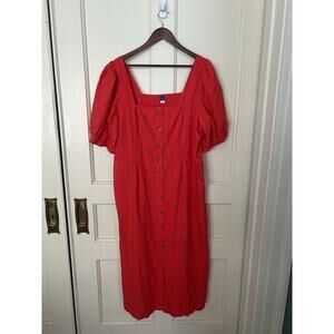 Old Navy Linen Blend Button Front Midi Dress Womens Size XXL Red Preppy NWT